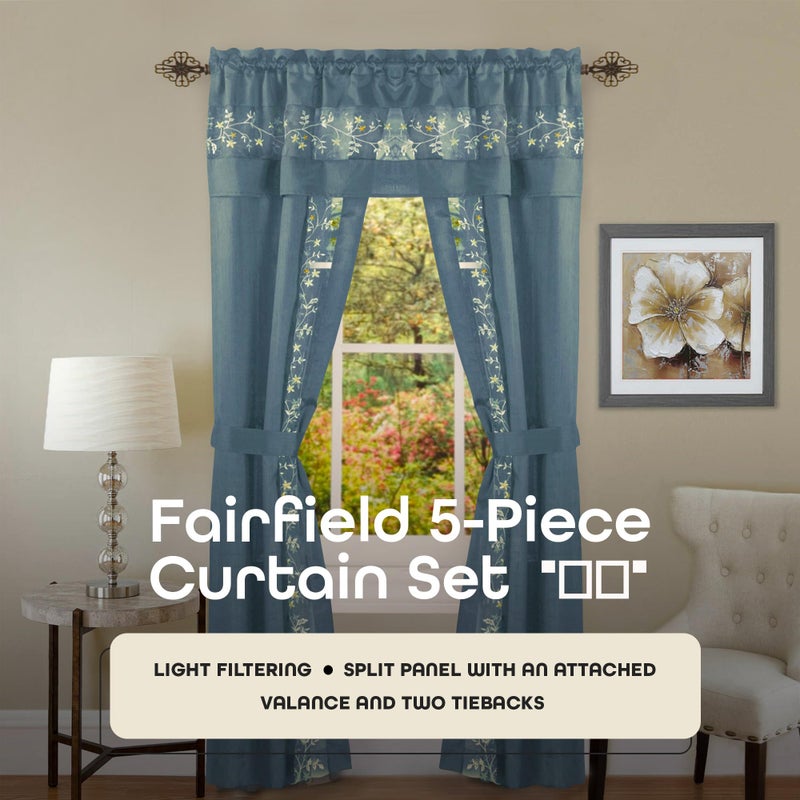 ACHIM Light-Filtering Window Curtain Set - 55 Inch Width, 63 Inch Length - Fairfield Window in a Bag 5 Piece Set (Ice Blue) - Window Treatment Include Valance, Tiebacks & Split Panels Home Decor - Image 2